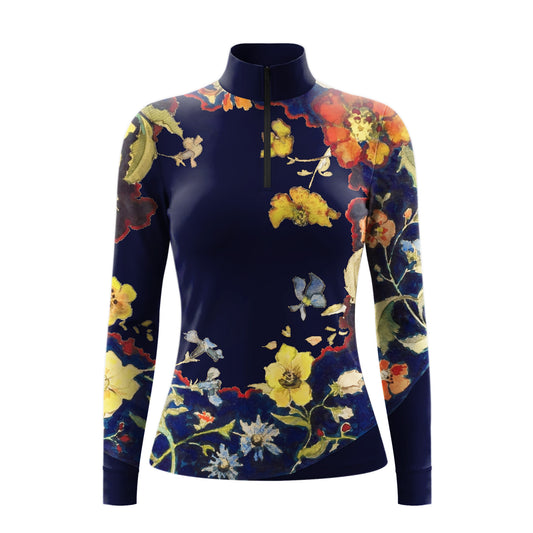 White background studio shot of navy base border vintage watercolor wild floral butterfly print long sleeve quarter zip riding top