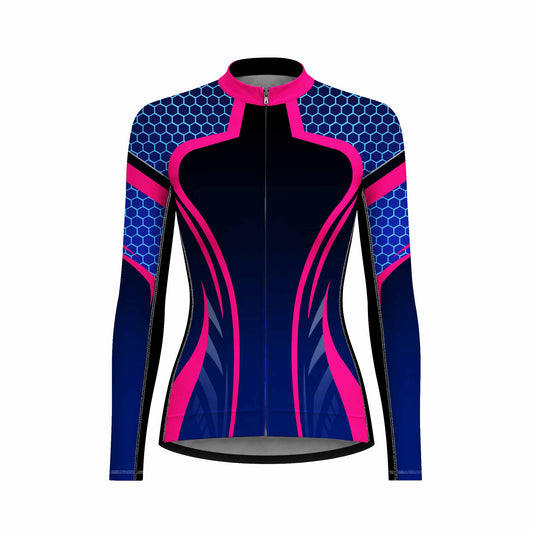 Front view flat shot of women full zip long sleeve racing cycling jersey with blue honeycomb hexagon shoulder and hot pink streamline print, pink collar isolated white background