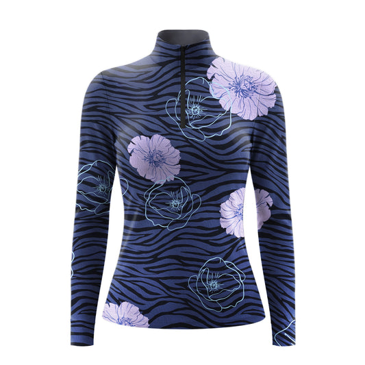 White background studio product shot of full-print navy zebra striped lavender poppy quarter-zip long sleeve riding top