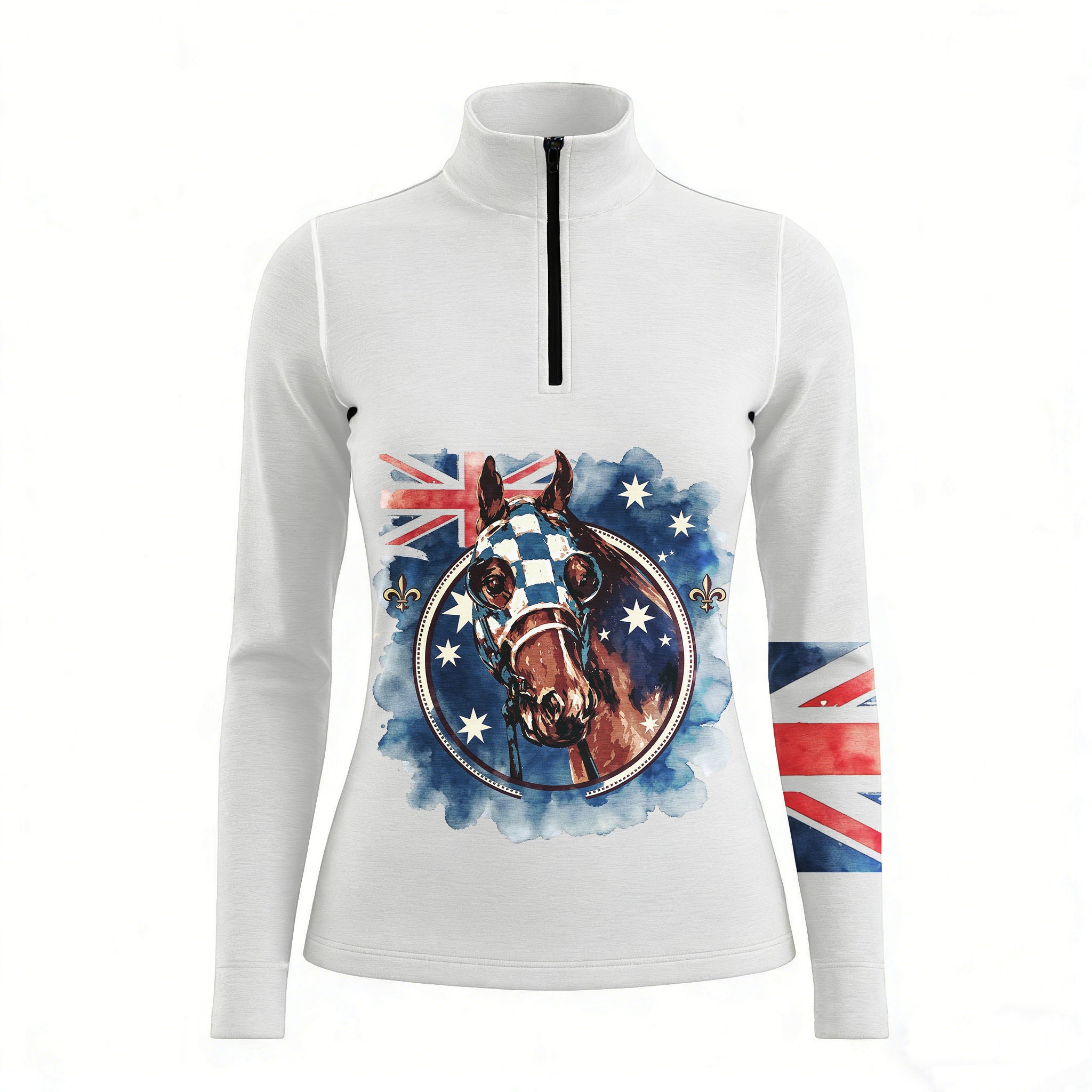 Studio shot of RIDER ATELIER Australian Flag Racehorse Quarter-Zip Top in Off White, showcasing the watercolor print’s vibrant colors and subtle details against a clean background
