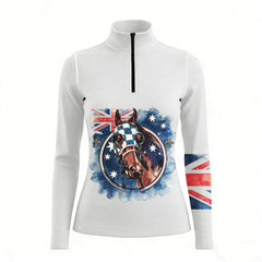 Studio shot of RIDER ATELIER Australian Flag Racehorse Quarter-Zip Top in Off White, showcasing the watercolor print’s vibrant colors and subtle details against a clean background
