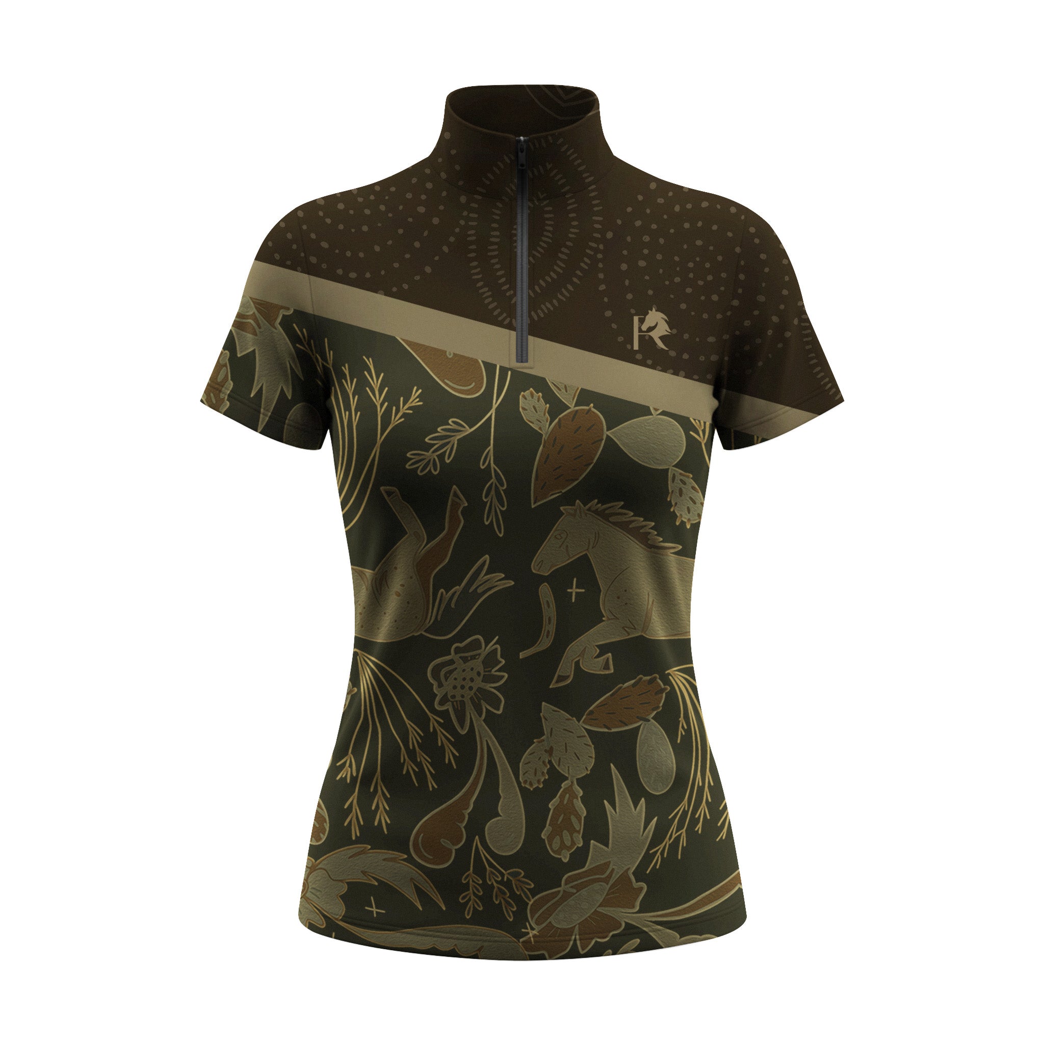 Studio flat view of the Olive Green Woodland Horse Print Short-Sleeve Quarter-Zip Riding Top, showcasing the full print details