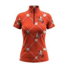 White background studio shot of burnt orange Western cowboy print short sleeve quarter zip riding top