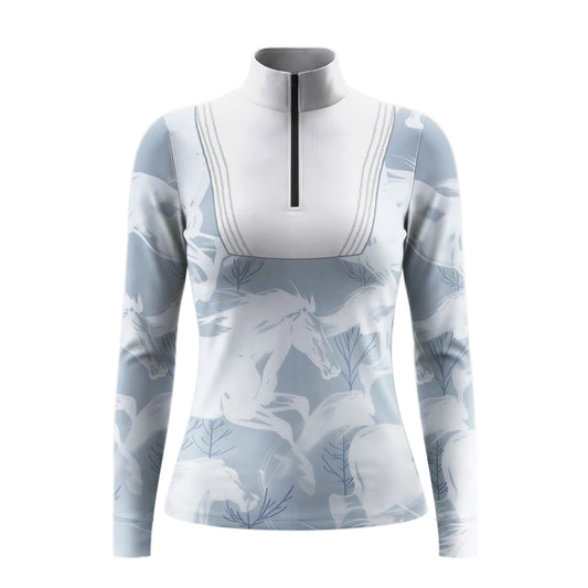 White background studio shot of pale blue stitched white chest panel translucent galloping horse twig print long sleeve quarter zip riding top