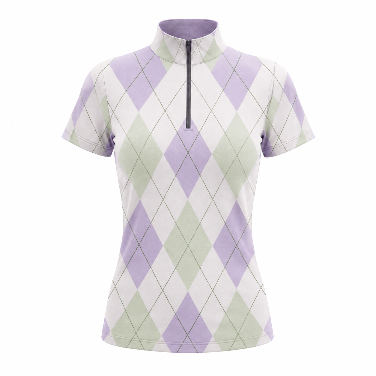 Studio flat view of the Pastel Argyle Print Short-Sleeve Quarter-Zip Riding Top, showcasing the full print details