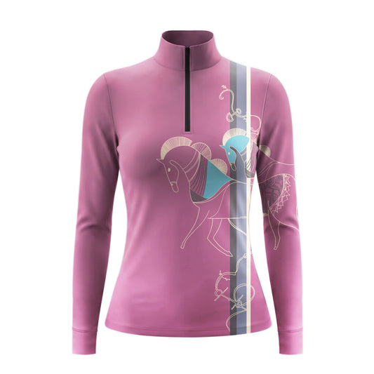 White background studio shot of dusty pink abstract geometric color block horse line art long sleeve quarter zip riding top
