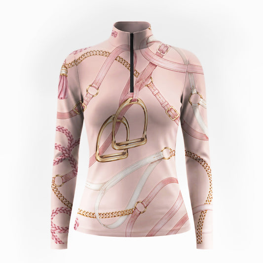 Studio flat view of the Pink Equestrian Tack Print Long-Sleeve Quarter-Zip Riding Top, showcasing the full print details