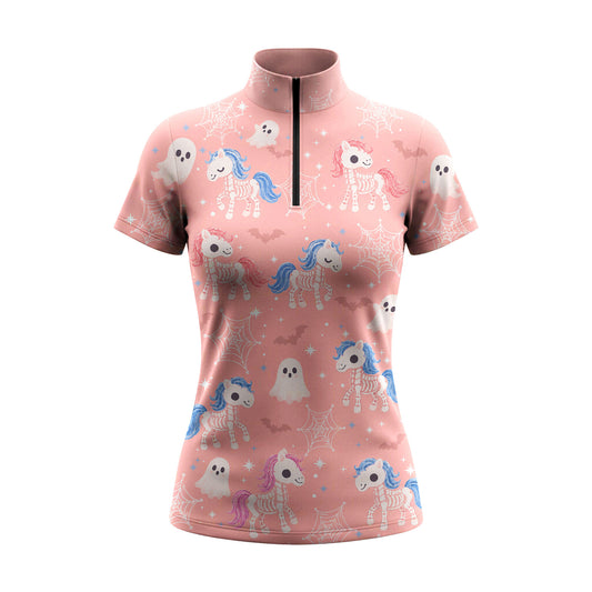 Studio white‑background product mockup of women’s dusty‑pink short‑sleeve quarter‑zip riding top with full cute skeleton unicorn Halloween all‑over print
