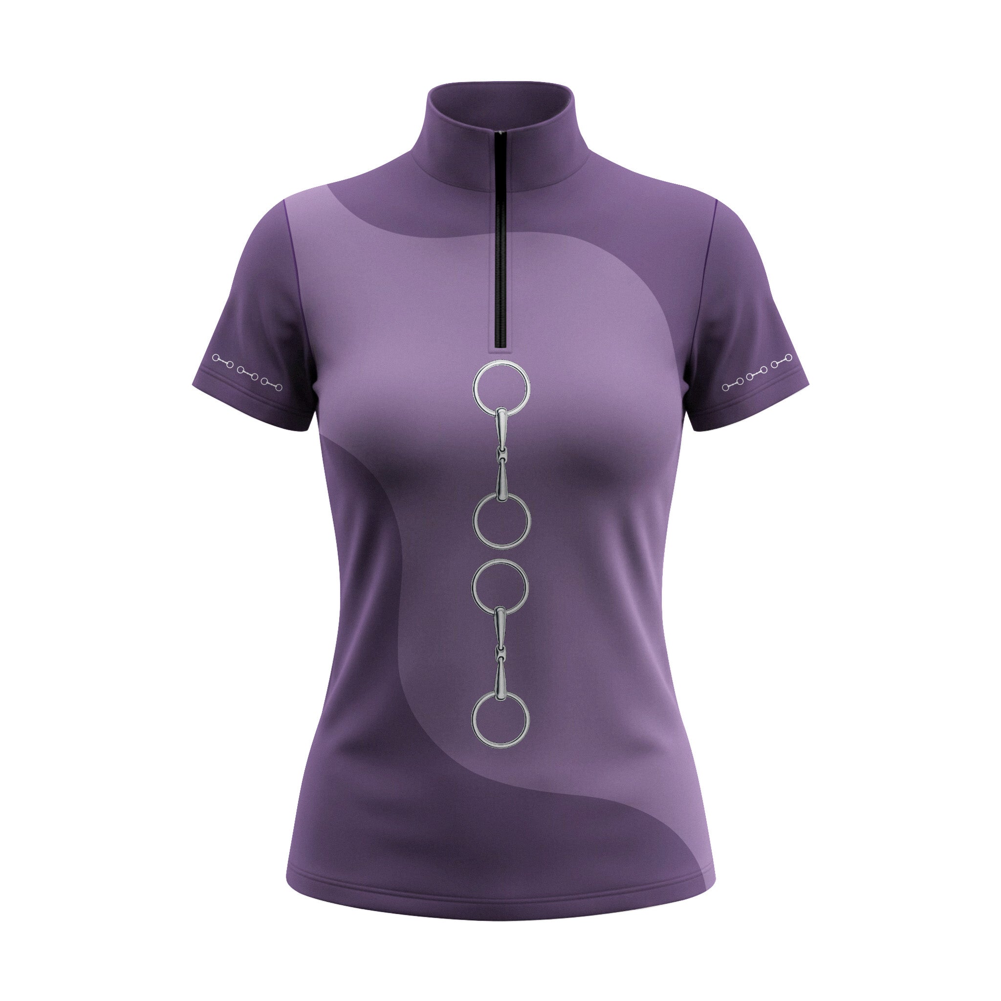 White background studio shot of plum snaffle bit accent print short sleeve quarter zip riding top