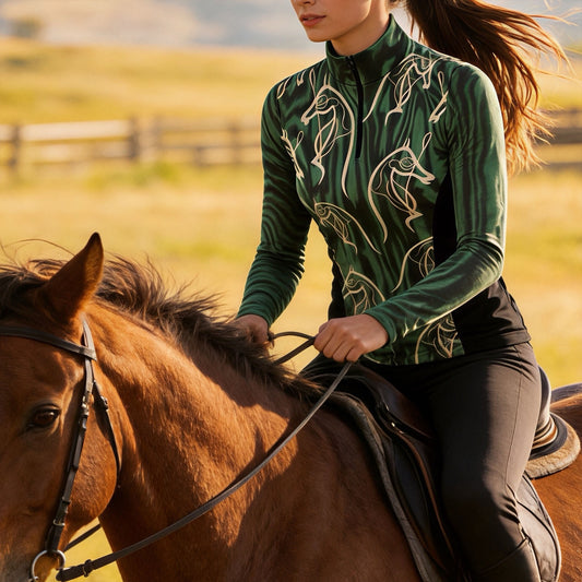 Woman wearing RIDER ATELIER abstract horse head zebra print quarter-zip top while riding a horse