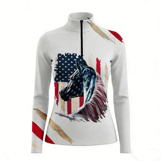 RIDER ATELIER light gray American flag horse quarter-zip top on white background, front view