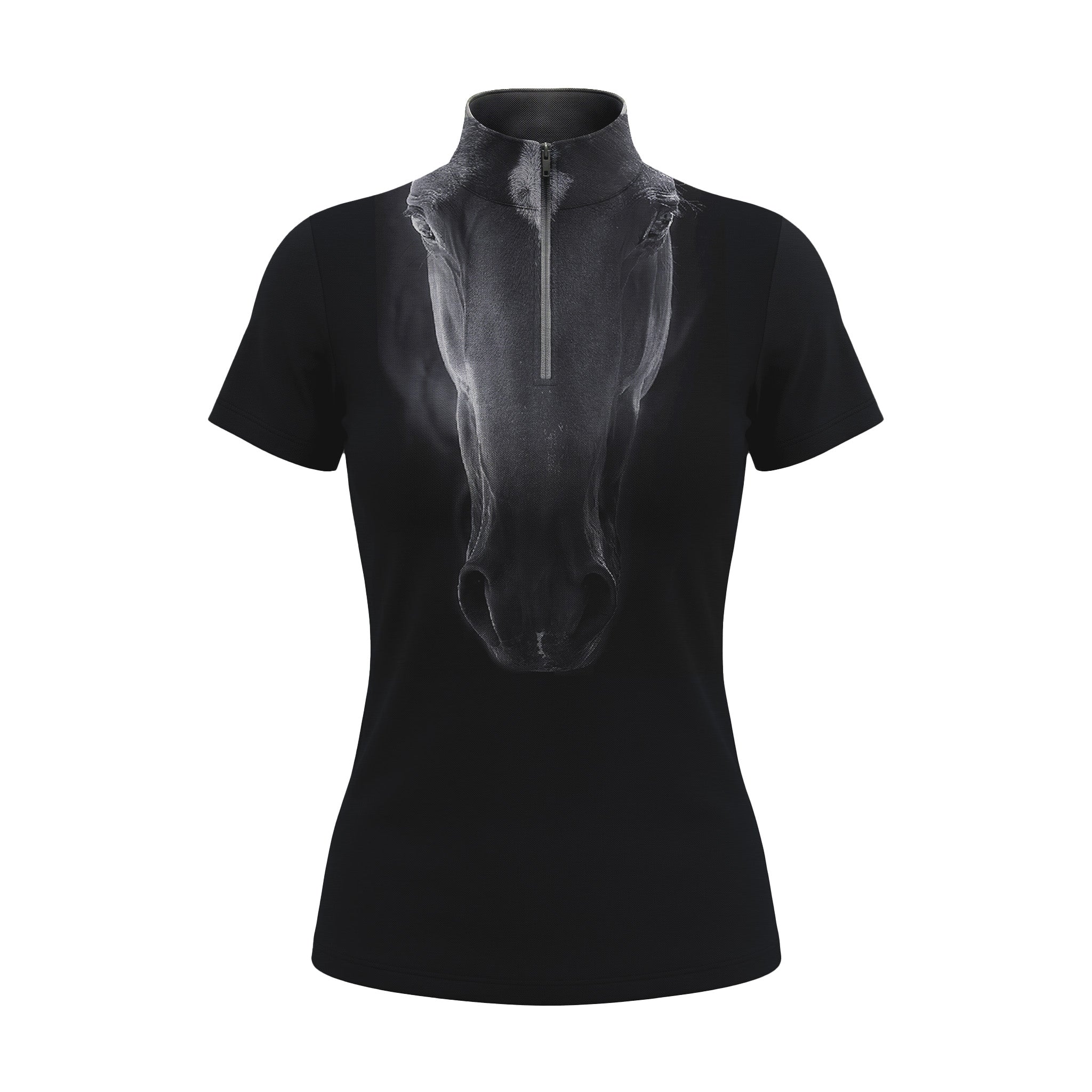 RIDER ATELIER black horse head print quarter-zip short sleeve top on white background, front view