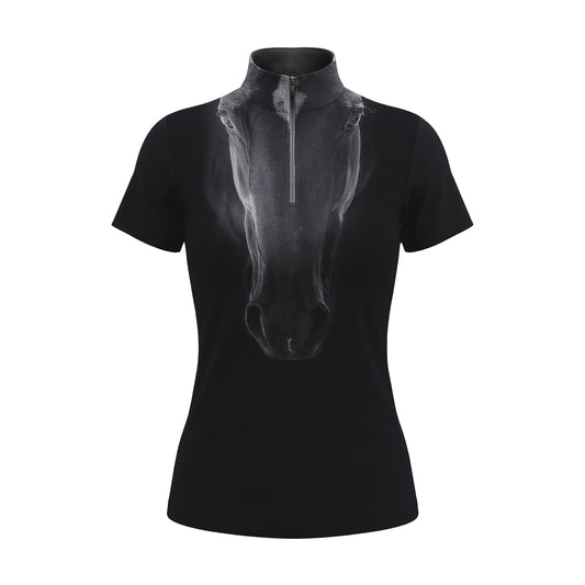 RIDER ATELIER black horse head print quarter-zip short sleeve top on white background, front view