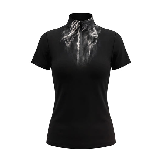 Studio flat view of the RIDER ATELIER Black Horse Portrait Short-Sleeve Quarter-Zip Riding Top, showcasing the full print and quarter-zip collar