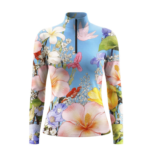 Studio shot of the RIDER ATELIER Blue Floral Garden Print Long-Sleeve Quarter-Zip Riding Top, showing full floral print details, quarter-zip collar, and fabric texture against a clean white background