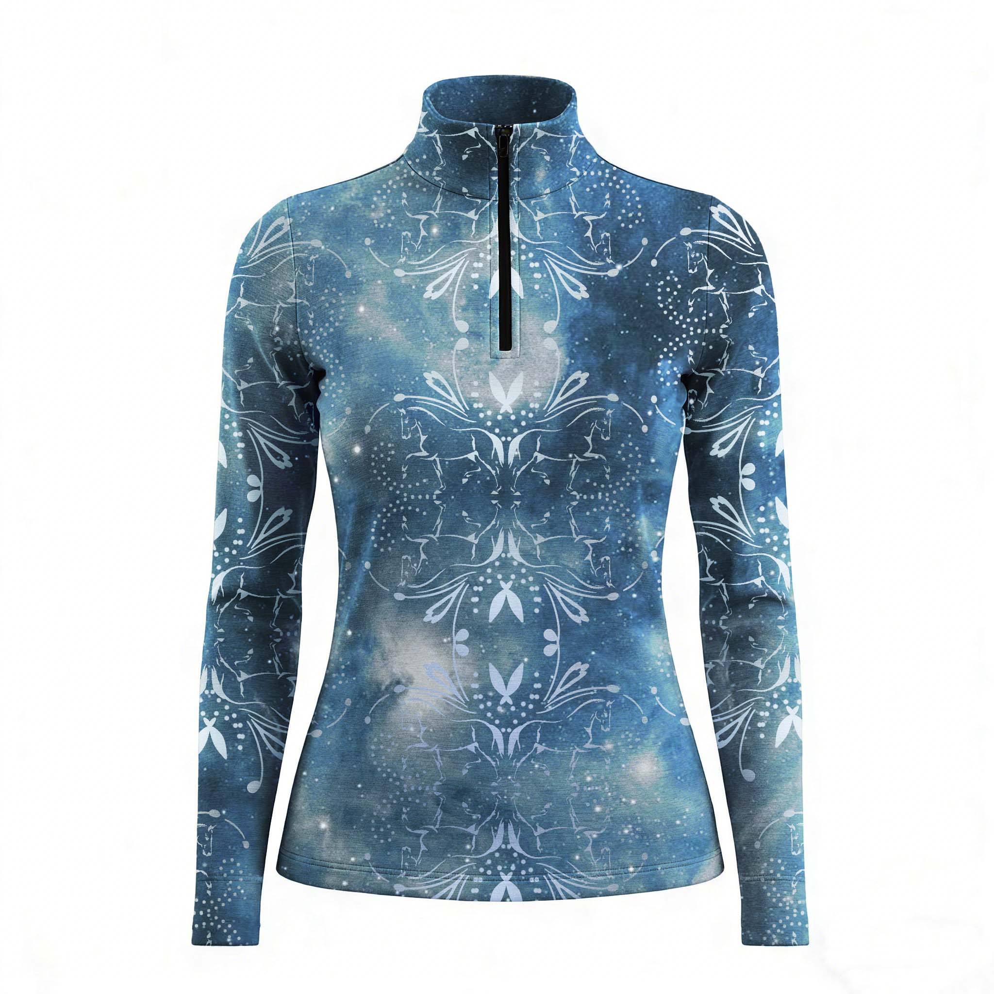 Woman wearing RIDER ATELIER celestial quarter-zip top with a chestnut horse