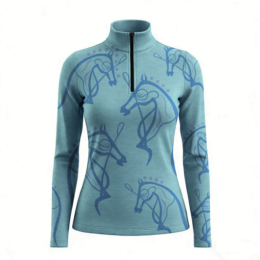 RIDER ATELIER Celtic horse silhouette teal quarter-zip top on white background, front view