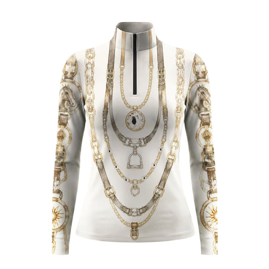 Studio flat view of the RIDER ATELIER Equestrian Chain & Medallion Print Long-Sleeve Quarter-Zip Riding Top, showcasing the full print and quarter-zip collar