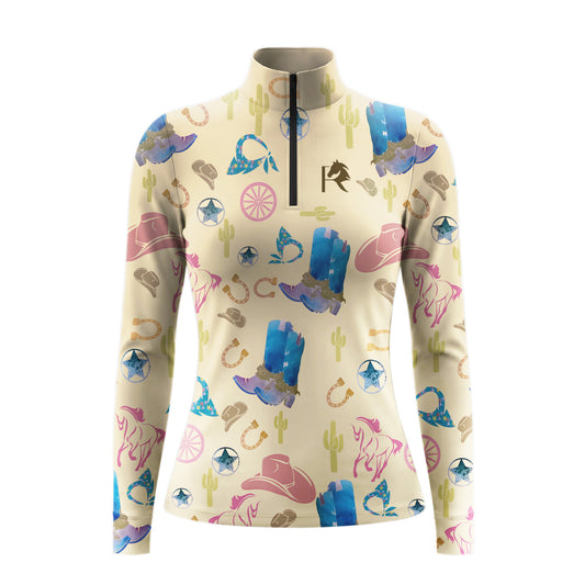 Studio flat view of the RIDER ATELIER Watercolor Western Cowboy Boot Print Long-Sleeve Quarter-Zip Riding Top, showcasing the full pattern and quarter-zip collar