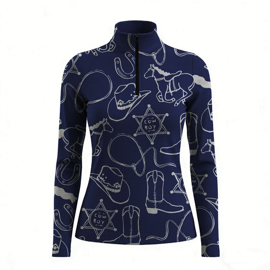 RIDER ATELIER cowboy western navy blue quarter-zip top on white background, front view