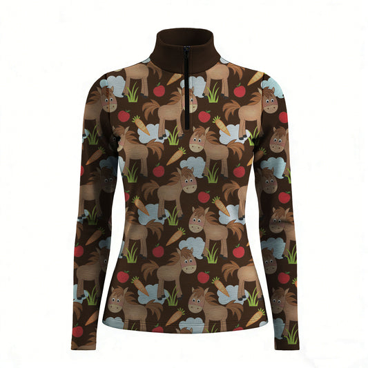RIDER ATELIER cute cartoon horse dark brown quarter-zip top on white background, front view