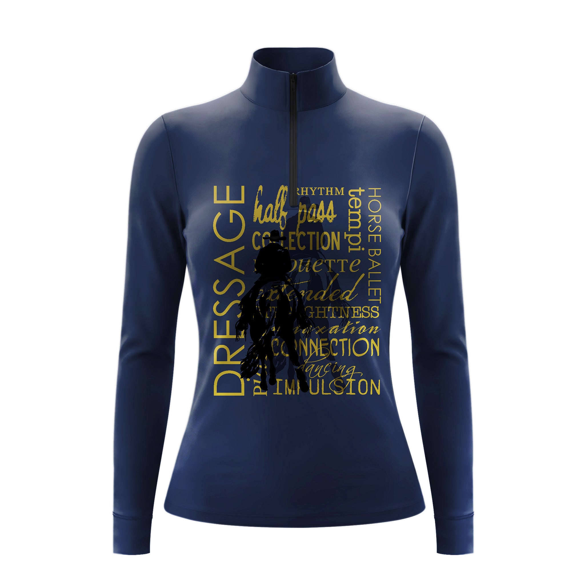 Studio flat view of the RIDER ATELIER Dressage Term Word Art Long-Sleeve Quarter-Zip Riding Top, showcasing the full print and quarter-zip collar