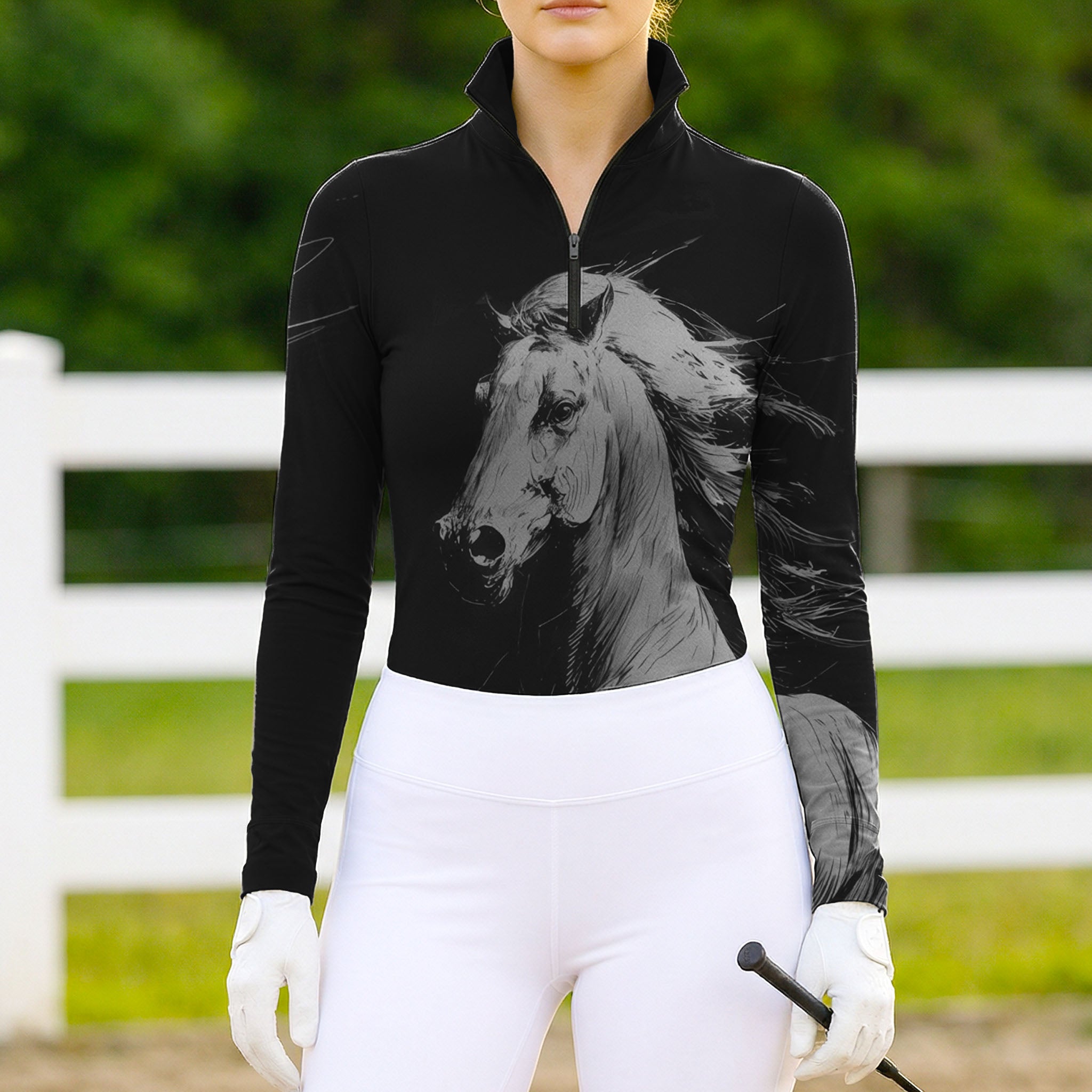 Woman wearing RIDER ATELIER dynamic sketch quarter-zip top at the outdoor pasture