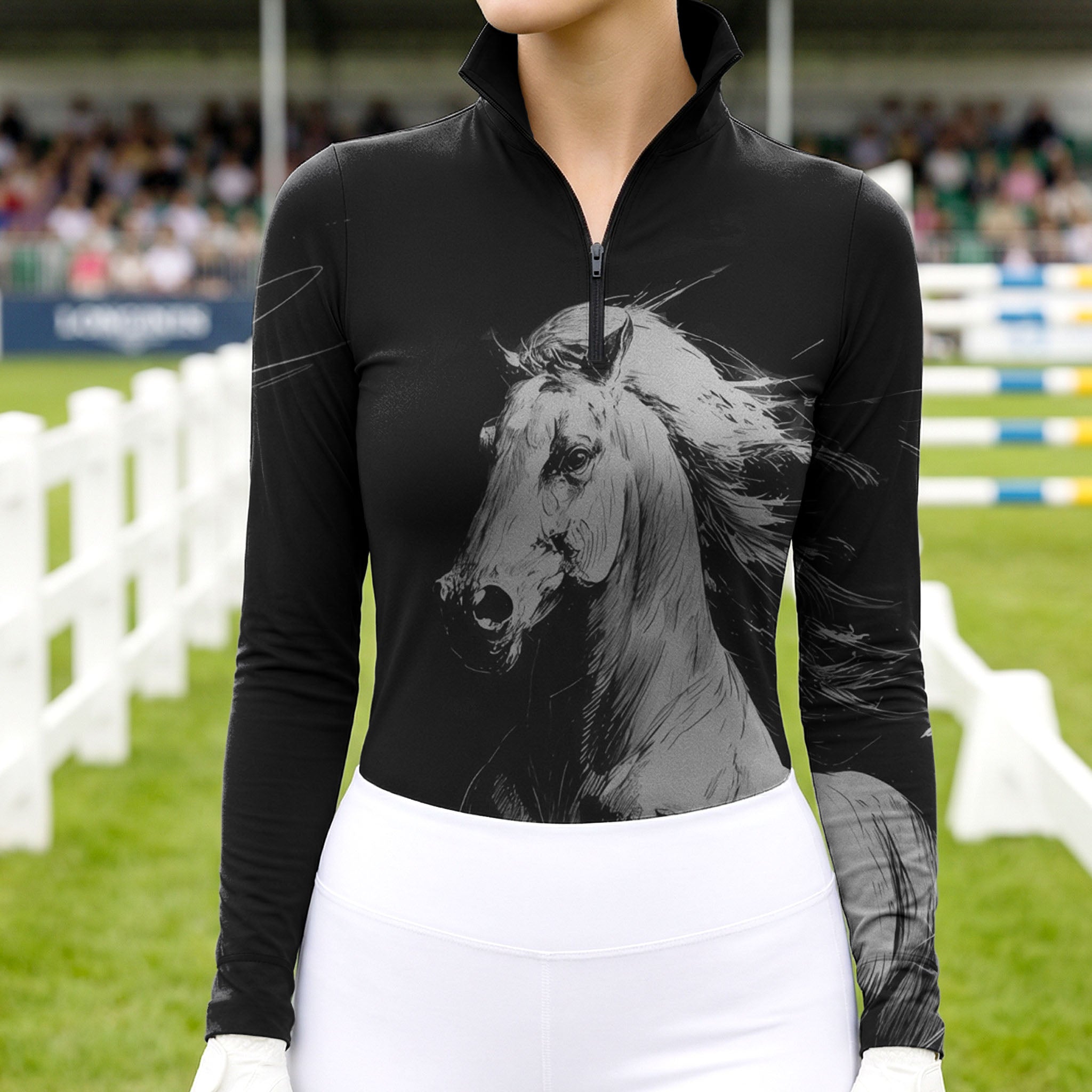 Woman wearing RIDER ATELIER dynamic sketch quarter-zip top at the show jumping arena