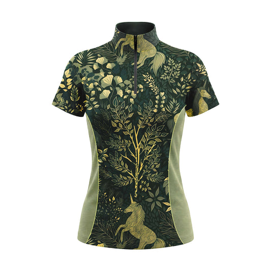Studio shot of the RIDER ATELIER Enchanted Forest Unicorn Print Short-Sleeve Quarter-Zip Riding Top, showing full print details, quarter-zip collar, and soft sage side panels against a clean white background