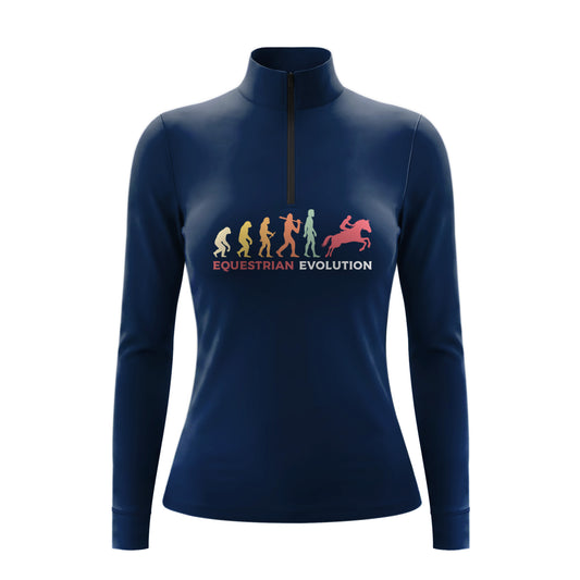 Studio flat view of the RIDER ATELIER Equestrian Evolution Graphic Print Long-Sleeve Quarter-Zip Riding Top, showcasing the full graphic print and quarter-zip collar