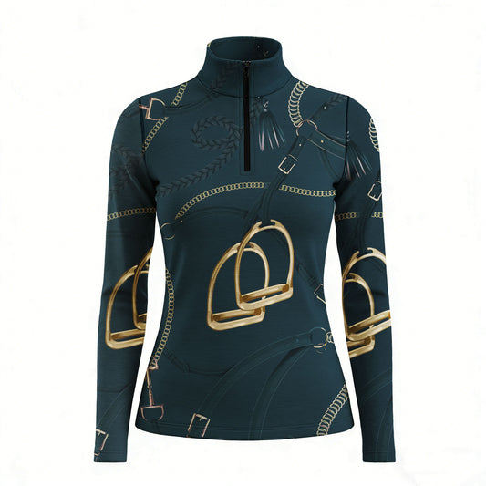 RIDER ATELIER equestrian stirrup & bridle quarter-zip top in teal on white background
