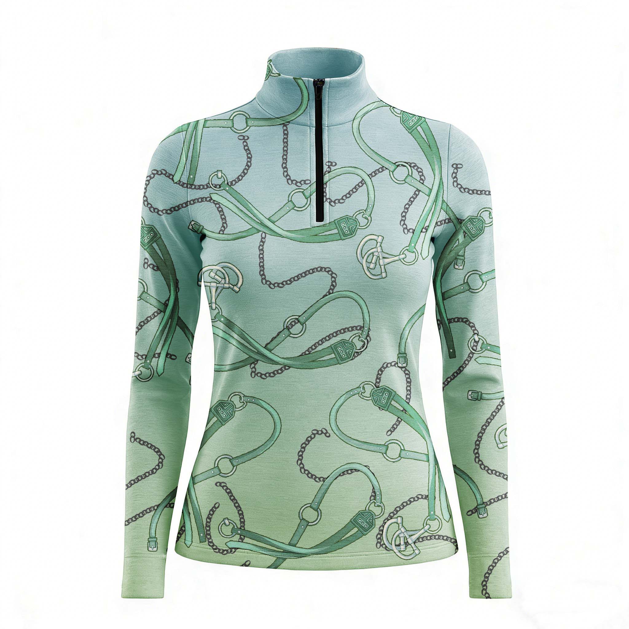 RIDER ATELIER teal gradient equestrian tack quarter-zip top on white background, front view