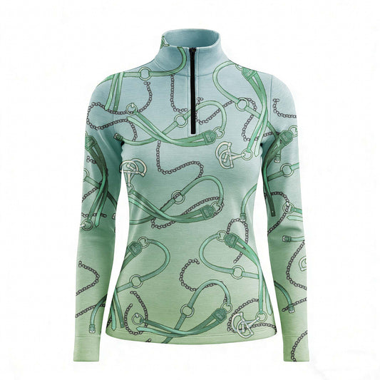 RIDER ATELIER teal gradient equestrian tack quarter-zip top on white background, front view