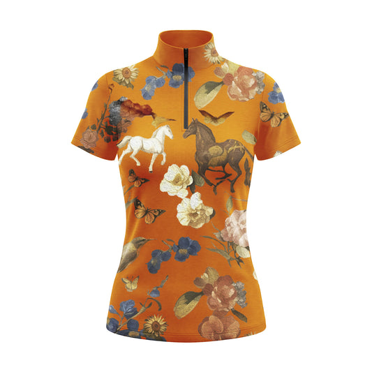 Studio flat view of the RIDER ATELIER Burnt Orange Vintage Floral Horse Print Short-Sleeve Quarter-Zip Riding Top, showcasing the full pattern and quarter-zip collar