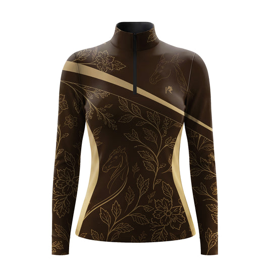 Studio shot of the RIDER ATELIER Brown Floral Horse Sketch Print Long-Sleeve Quarter-Zip Riding Top, showing the full print, rich chocolate brown base, contrast side panels, quarter-zip collar, and fabric texture against a clean white background