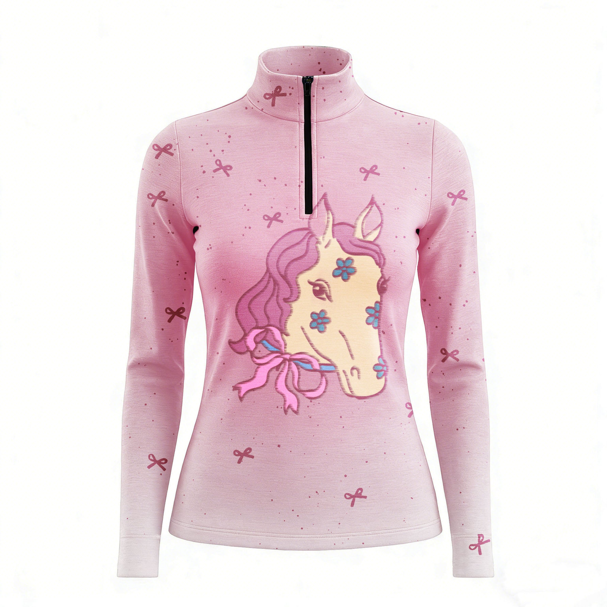 RIDER ATELIER floral pony quarter-zip top on white background, front view