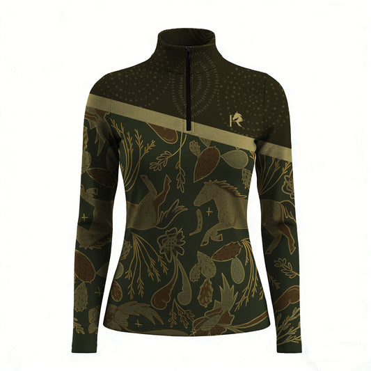 RIDER ATELIER folk art quarter-zip top on white background, front view