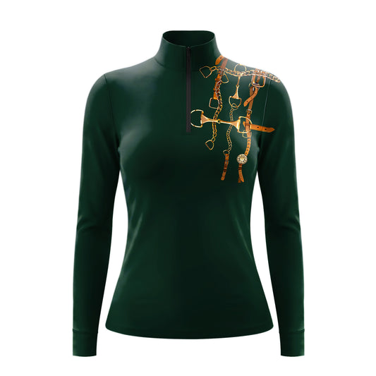 Studio flat view of the RIDER ATELIER Forest Green Bit & Bridle Print Long-Sleeve Quarter-Zip Riding Top, showcasing the full tack print