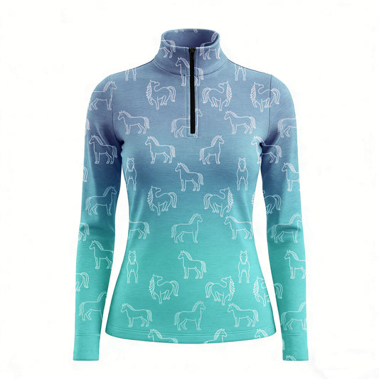 RIDER ATELIER gradient horse line art quarter-zip top on white background, front view