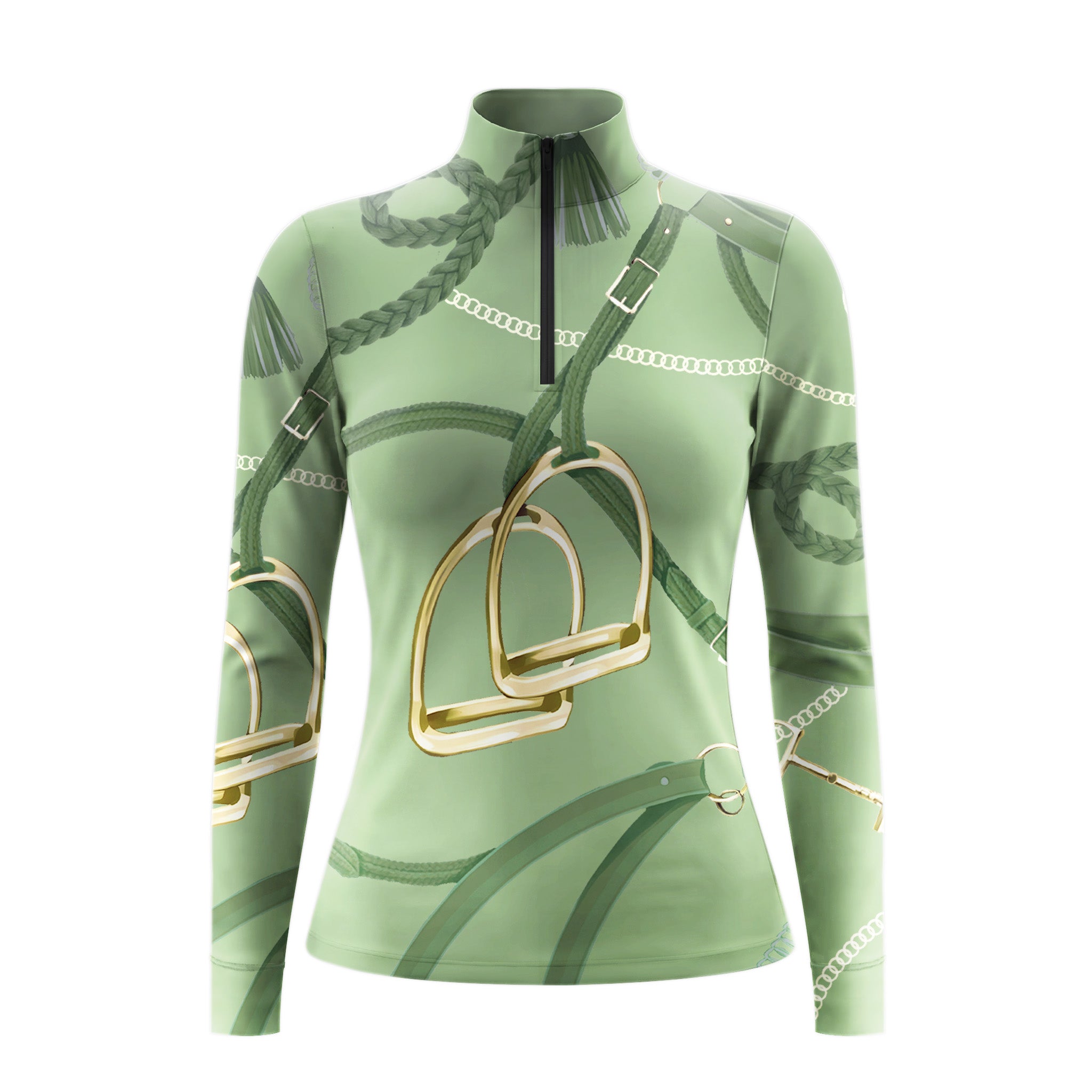 Green equestrian shirt with gold stirrup design on a white background