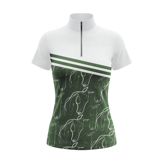 Studio flat view of the RIDER ATELIER Green Abstract Horse Line Art Short-Sleeve Quarter-Zip Riding Top, showing color-block design, abstract horse print, and quarter-zip collar