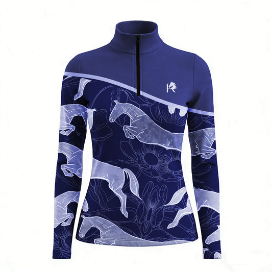 RIDER ATELIER jumping horse floral quarter-zip top on white background, front view
