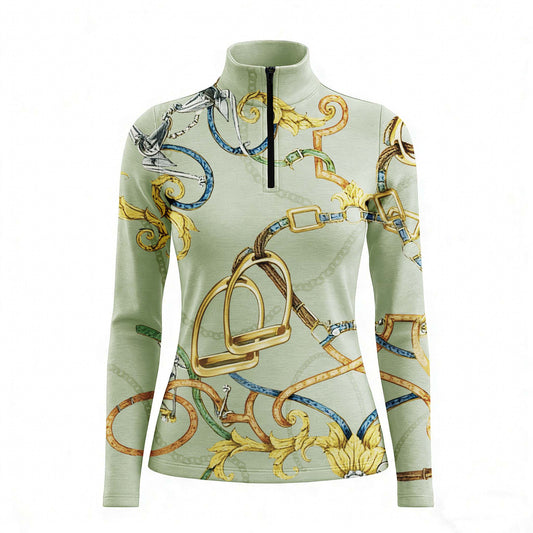 RIDER ATELIER luxury baroque horse tack sage green quarter-zip top on white background, front view