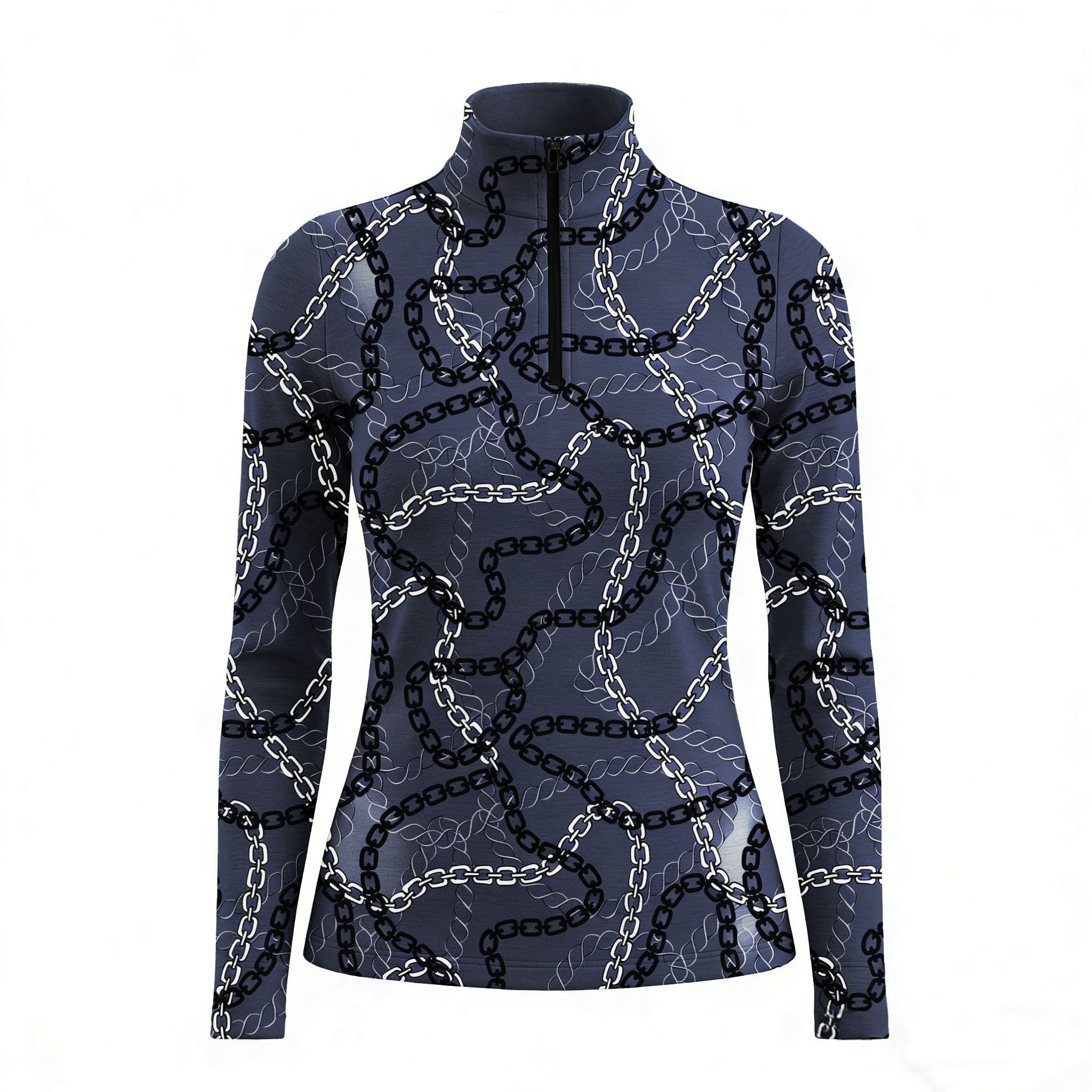 RIDER ATELIER luxury chain link quarter-zip top on white background, front view