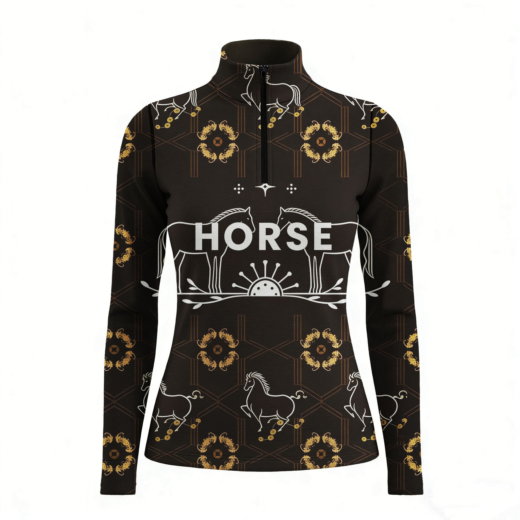 RIDER ATELIER luxury horse motif quarter-zip top on white background, front view
