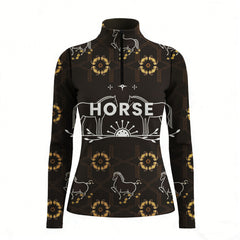 RIDER ATELIER luxury horse motif quarter-zip top on white background, front view