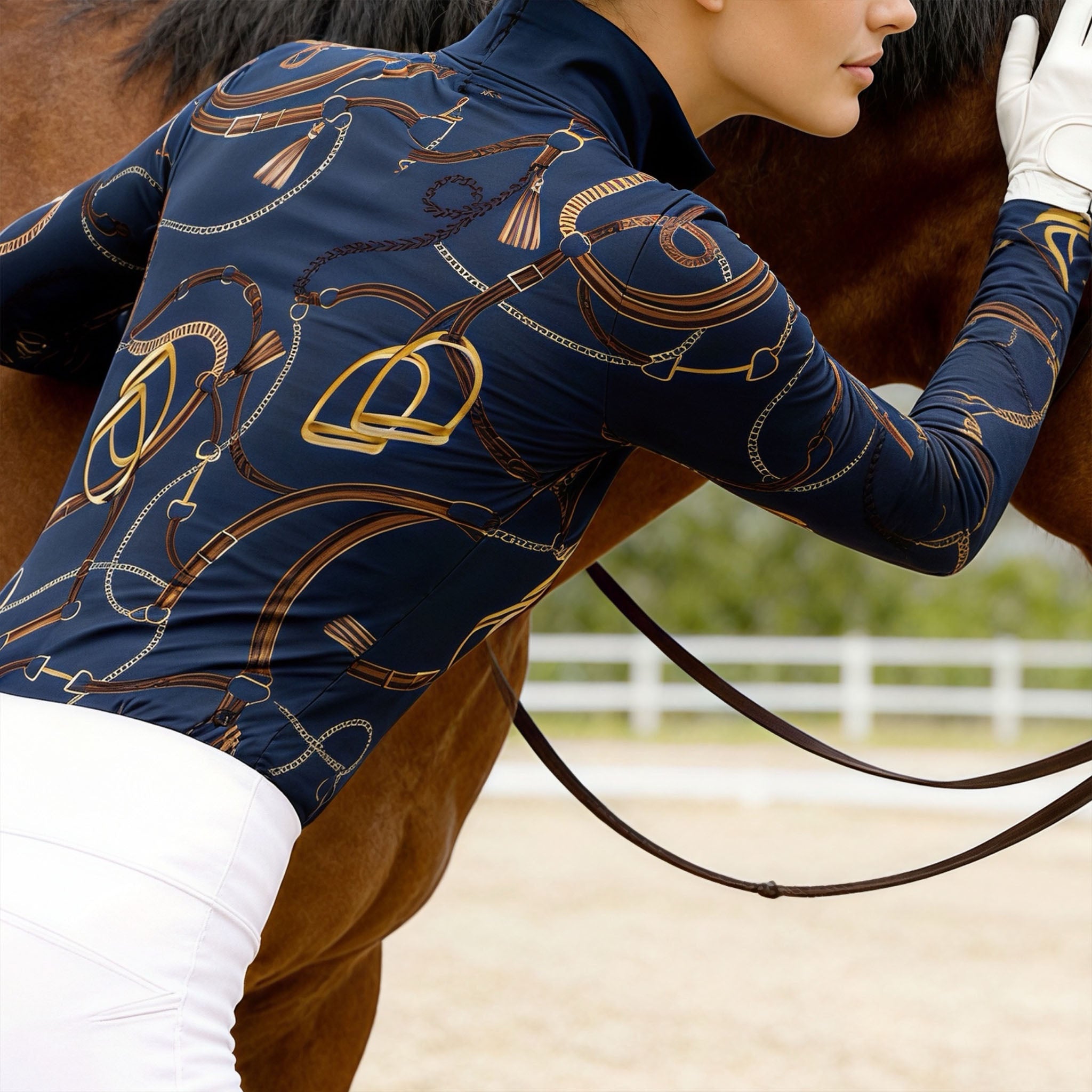 Back view of RIDER ATELIER luxury tack quarter-zip top with horse