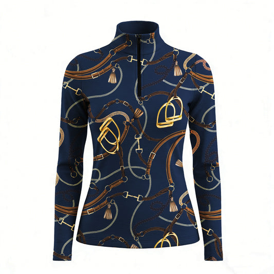 RIDER ATELIER luxury tack quarter-zip top on white background, front view