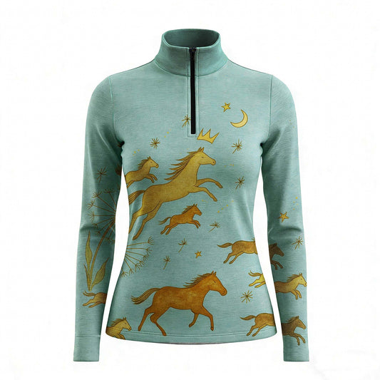 RIDER ATELIER magical horse forest quarter-zip top on white background, front view