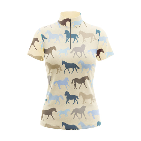 Studio flat lay of the RIDER ATELIER Multi-Color Horse Silhouette Print Short-Sleeve Quarter-Zip Riding Top, showcasing all-over horse silhouette pattern, soft cream base and quarter-zip collar